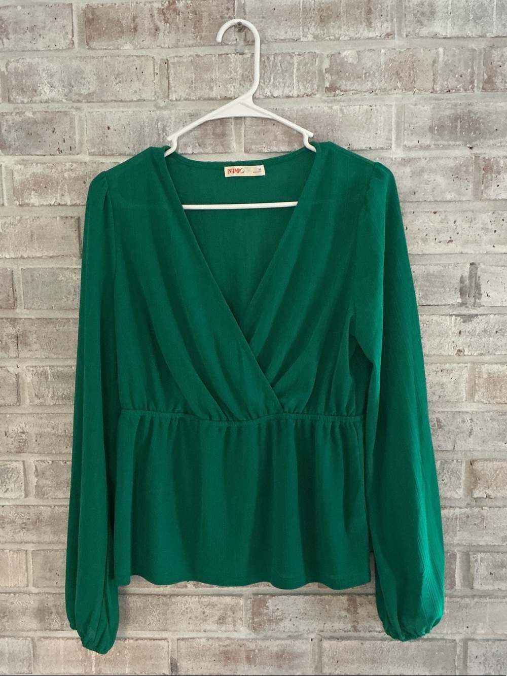 New York & Company Emerald Green Wrap-Front Peplum Blouse